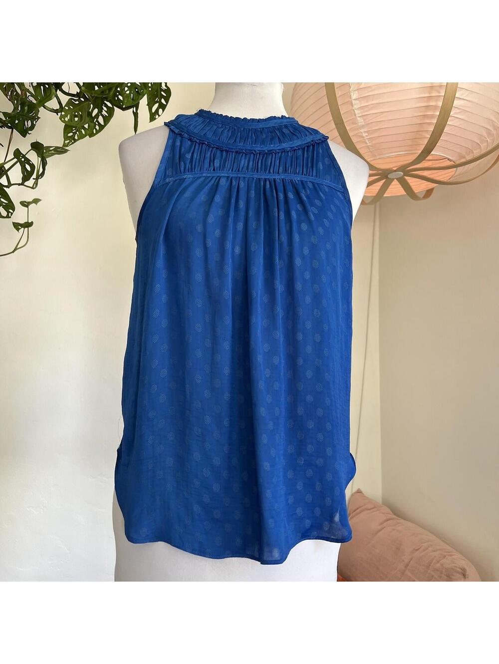 Maeve by Anthropologie Blue Polka Dot Halter Top Size 2 Smocked High Neck Blouse